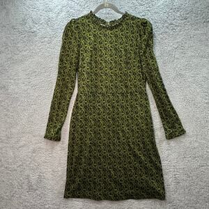 Boden NWT Women's 8R Green Black Long Sleeve Floral Dress Ruffle Accents
